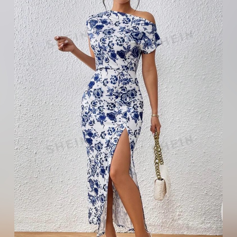 Beautiful Women's Floral Printed Asymmetric Neckline High Split Dress. - Picture 1 of 5